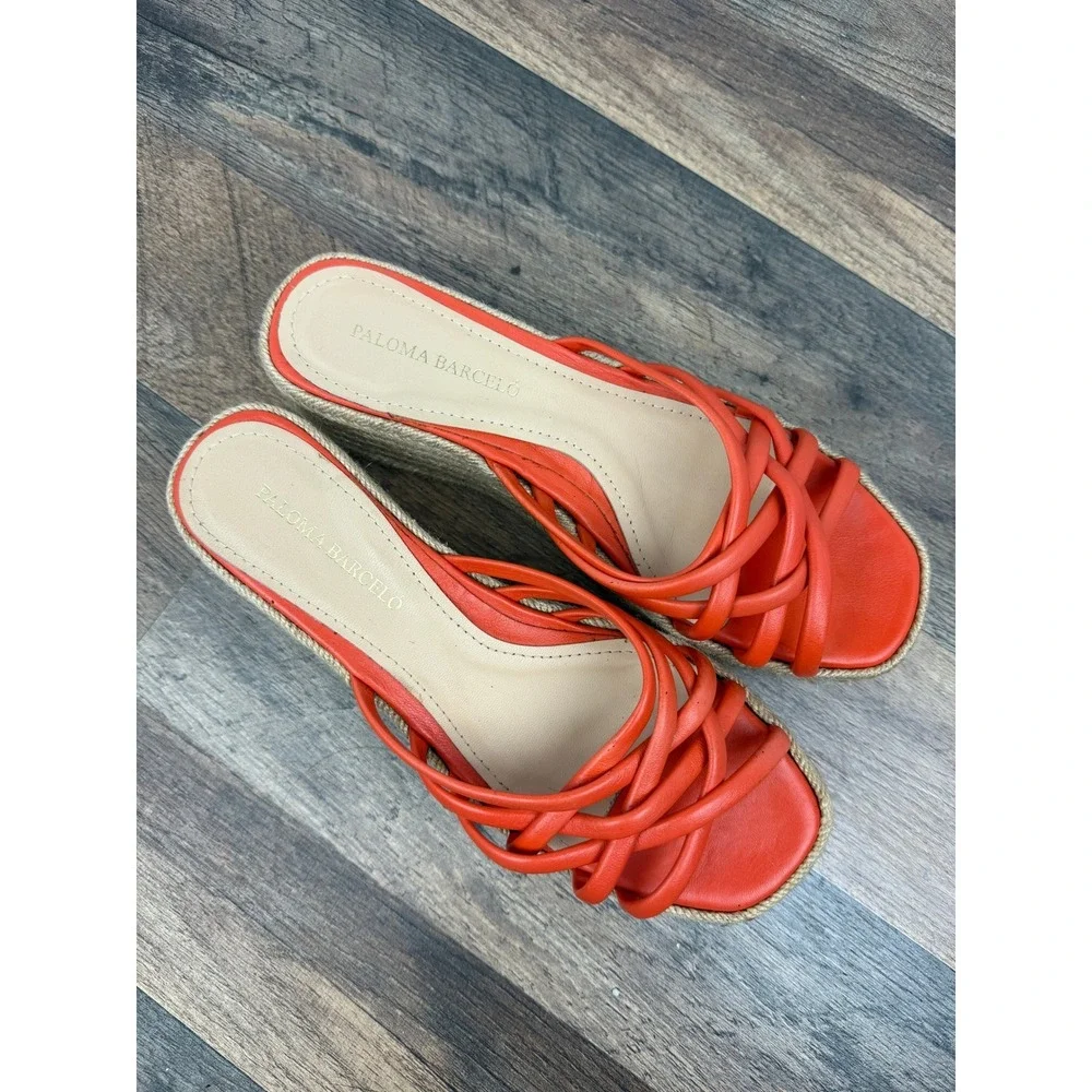 Paloma Barcelo Belinda Wedge Espadrille Platform Sandals Orange Napa Leather 39